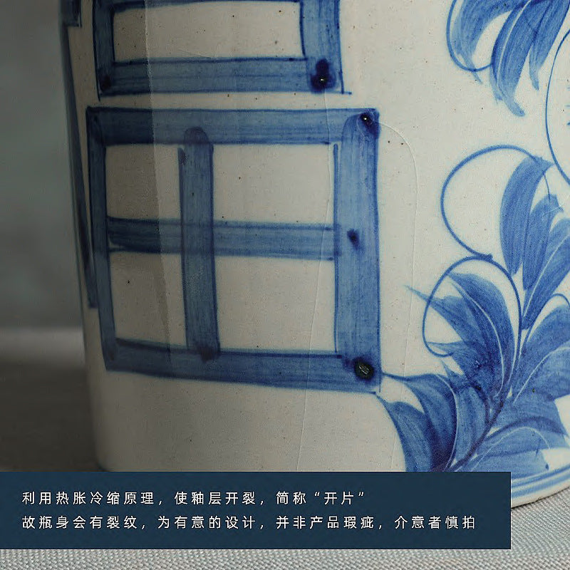 Close-up of hand-painted blue white geometric ceramic vase pattern