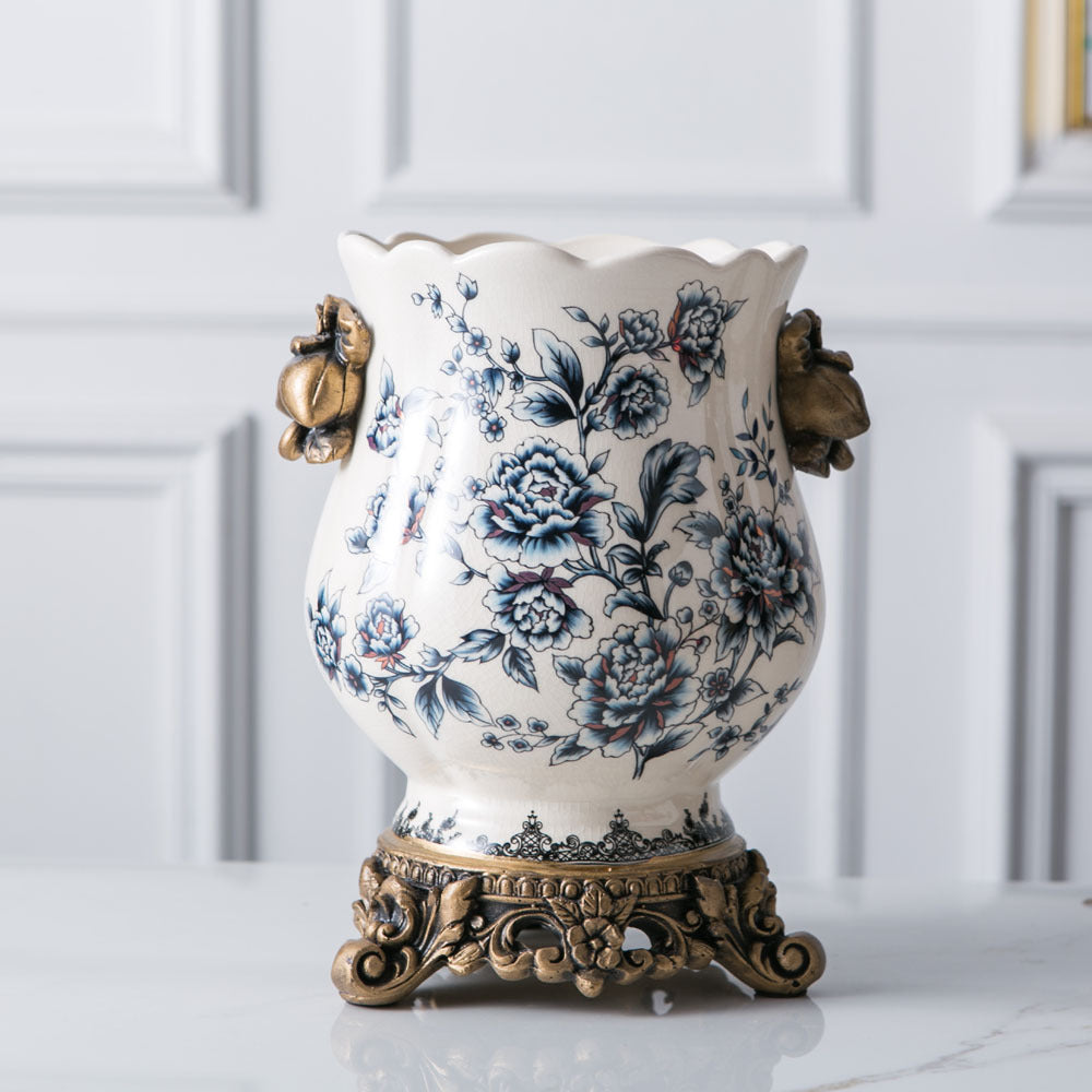 Vintage European ceramic vase with classic blue peony floral pattern in bright interior
