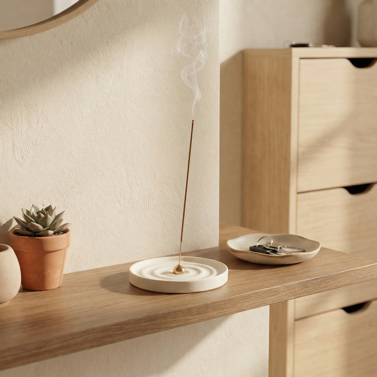 Minimal ripple ceramic incense holder with brass center on light wood shelf