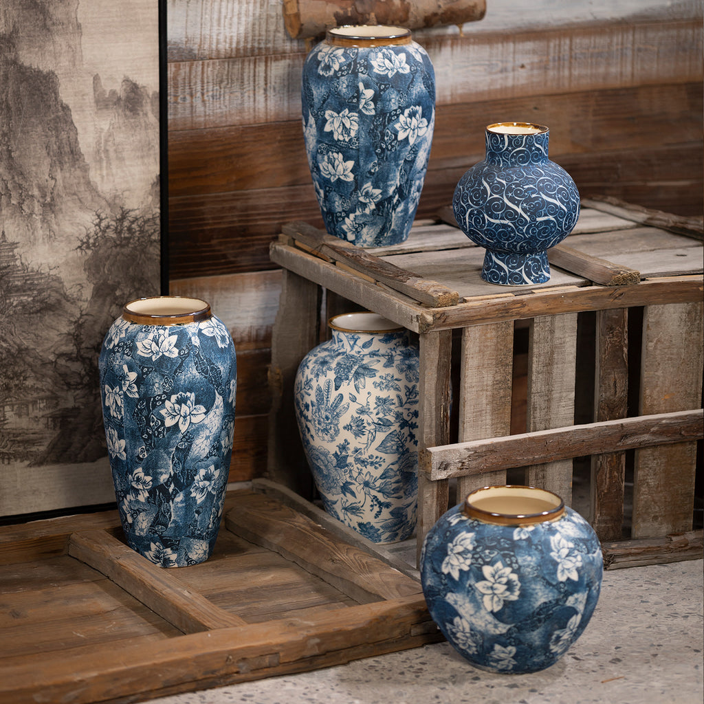 Indigo blue white floral ceramic vase collection in rustic New Chinese setting