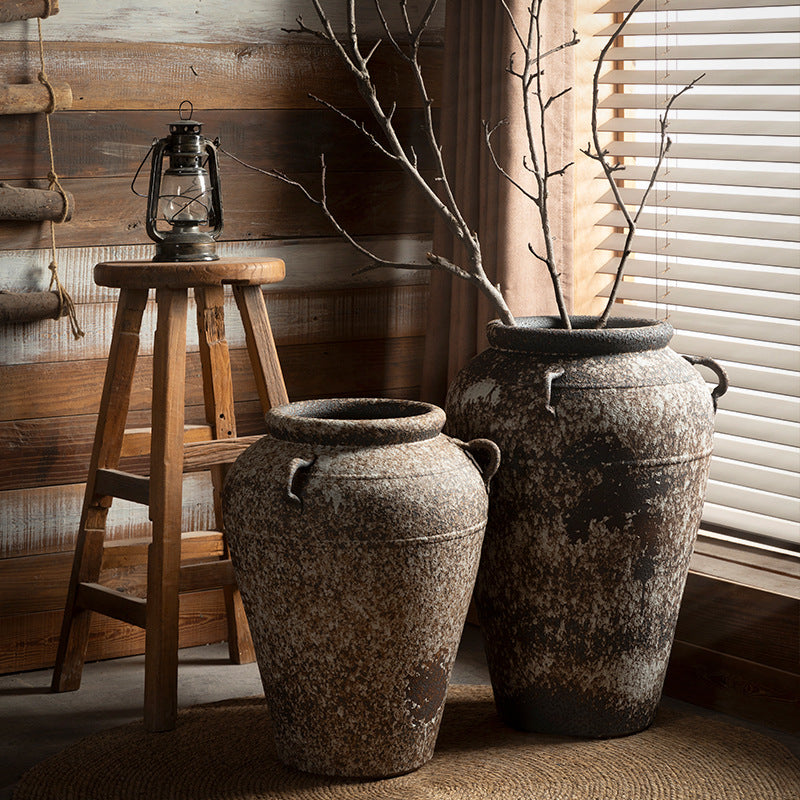 Rustic weathered double-handle ceramic urn trio in large floor sizes