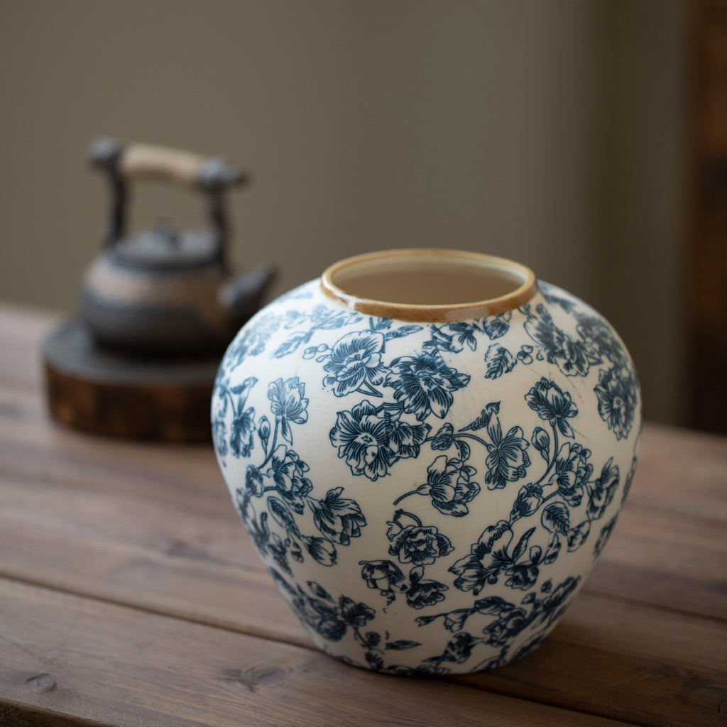 Small rounded blue botanical ceramic vase on dark wood table