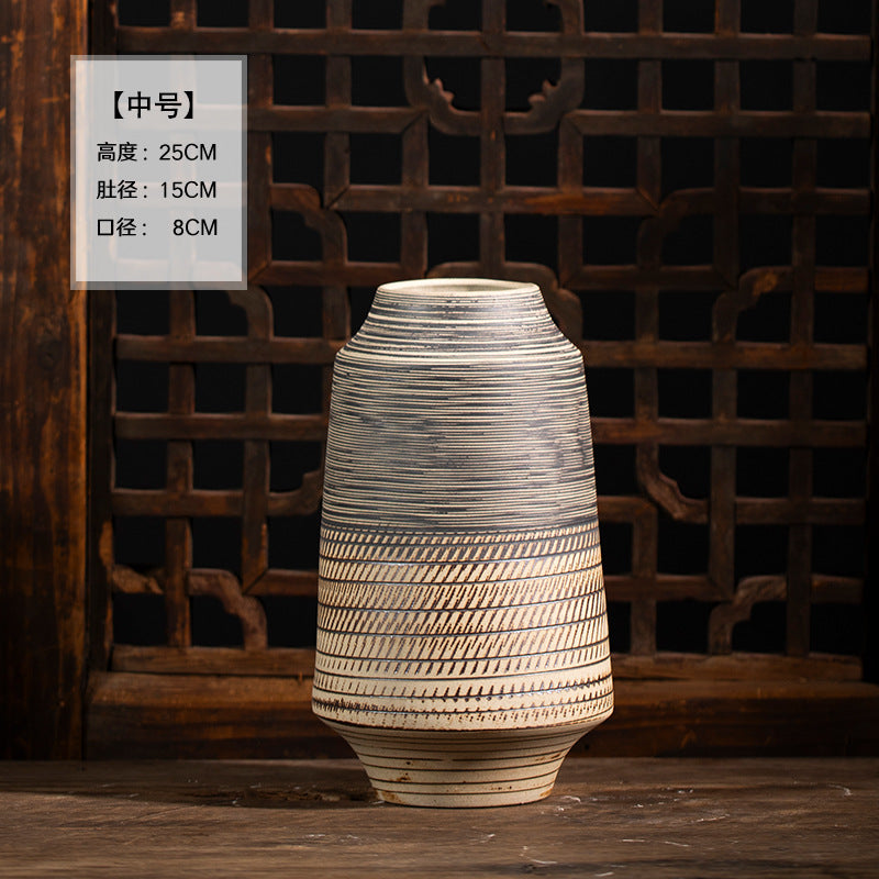 Medium grey ochre striped textured ceramic vase 25 cm high