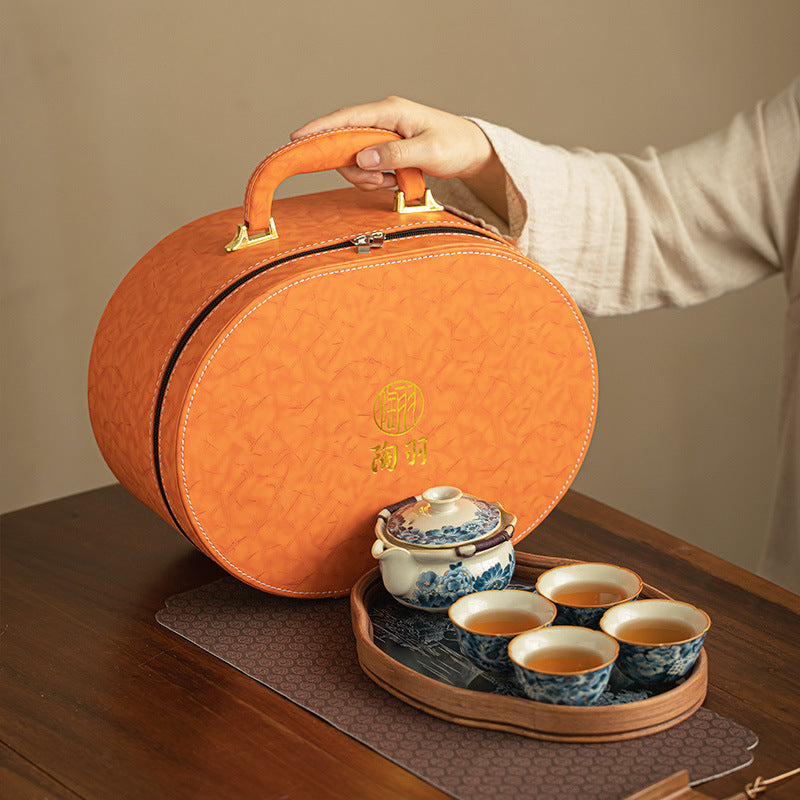 Authentic Dehua Blue & White Wanhua Myriad Flowers Ceramic Travel Tea Set - Portable Camping Gift Box