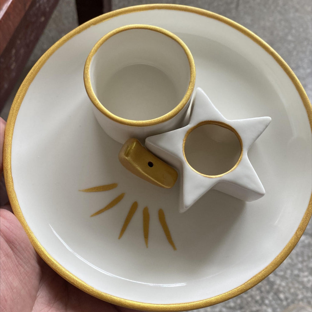 Ivory and gold celestial ceramic ritual tray with sage Palo Santo and incense holders
