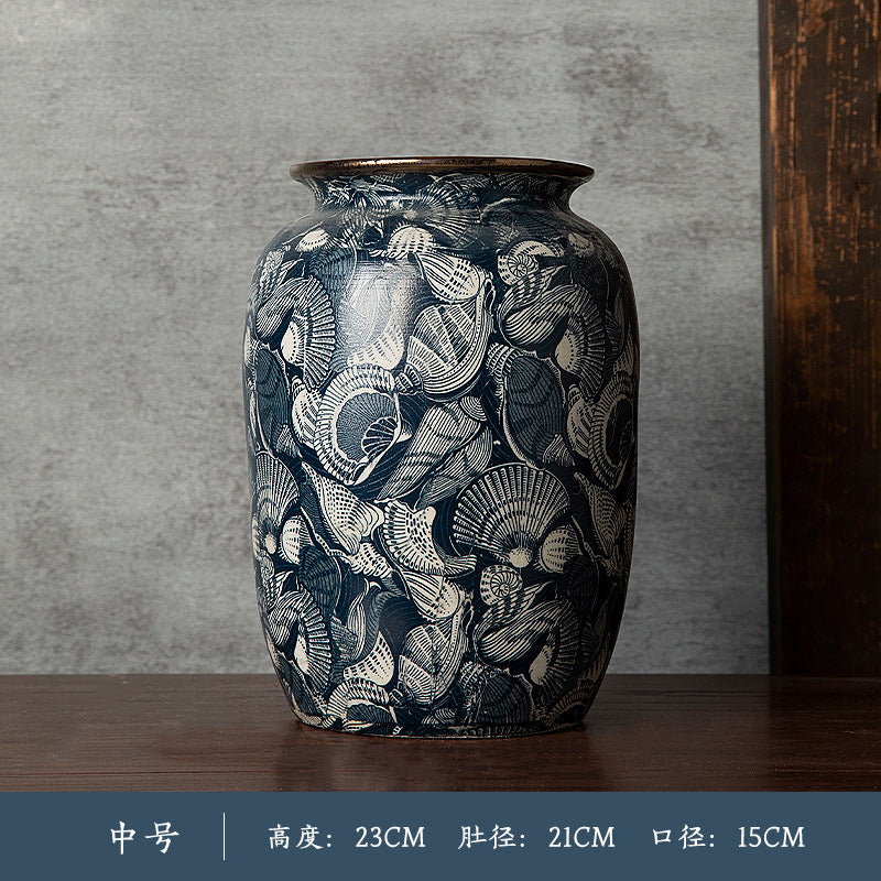 Medium indigo shell-pattern ceramic vase 23 cm high