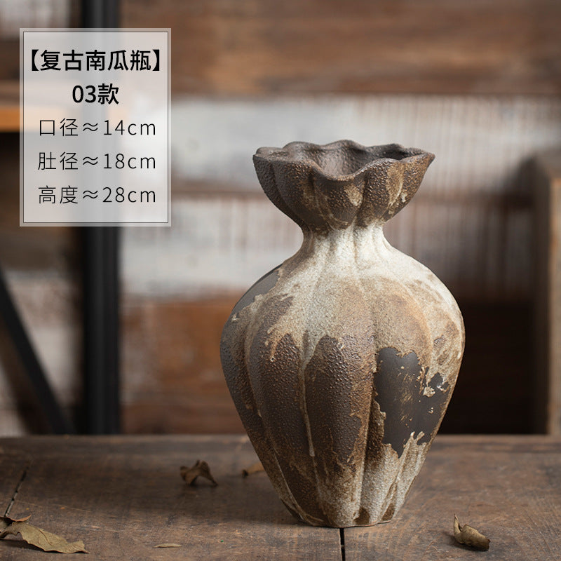 Aged rust brown fluted tall ceramic vase 28 cm high
