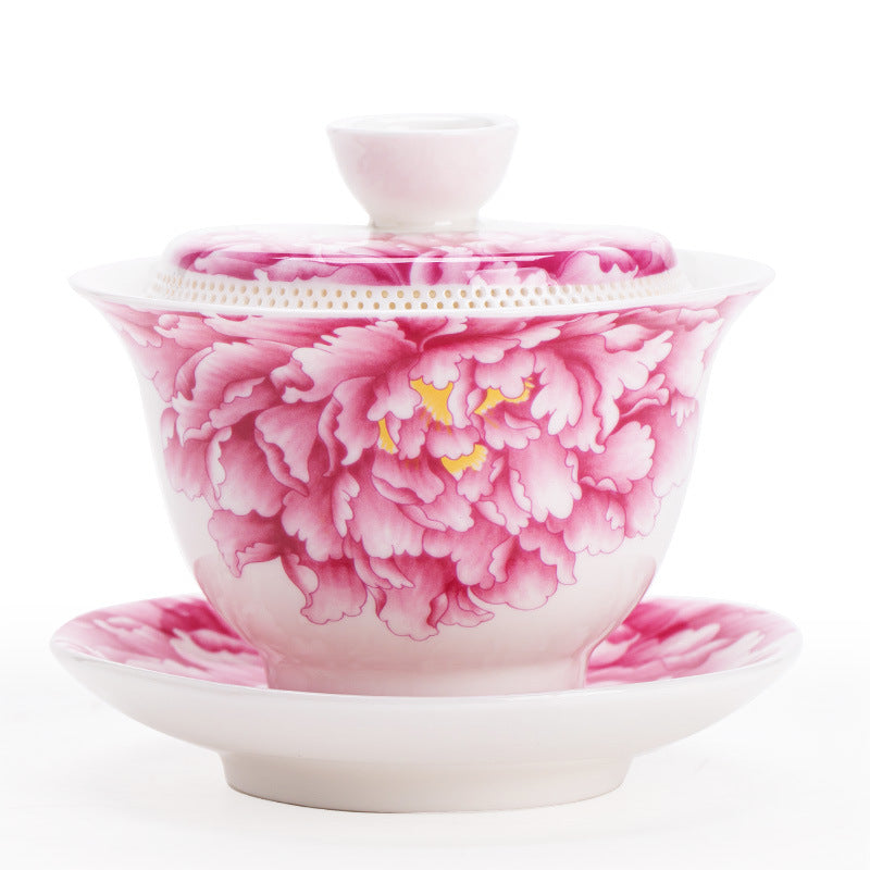 Handcrafted Dehua Mutton Fat Jade Porcelain 360-Degree Filter Hovering Sancai Gaiwan with Peony Relief - 160ml Gongfu Tea Bowl