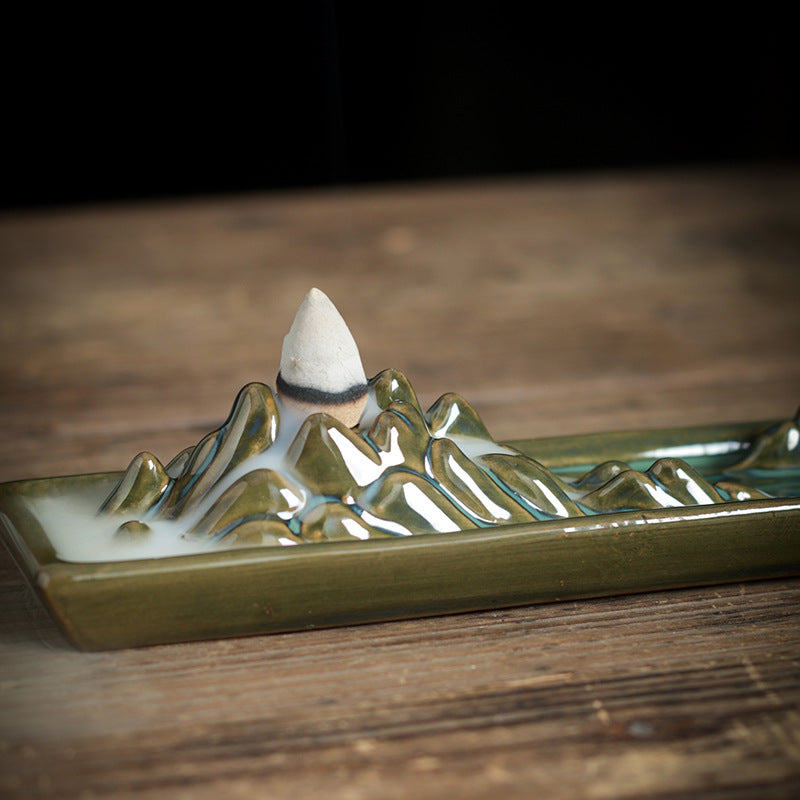 Mountain landscape ceramic incense tray with incense cone detail