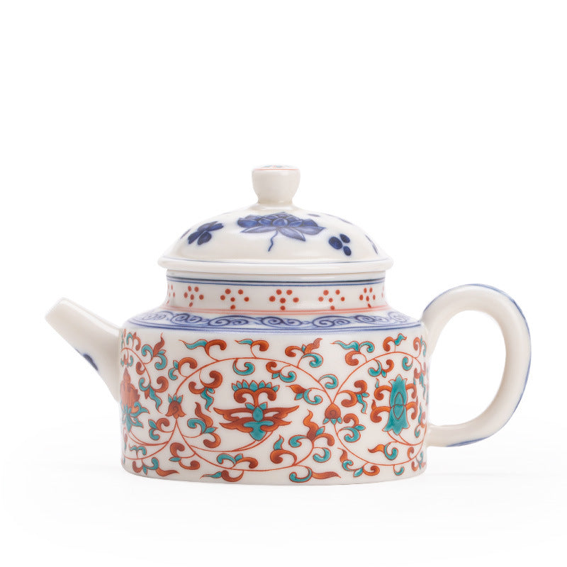 Authentic Jingdezhen Handcrafted Fencai Famille Rose Porcelain Teapot with 3D Embossed Lotus Scroll Relief - 220ml with Built-in Ball Filter