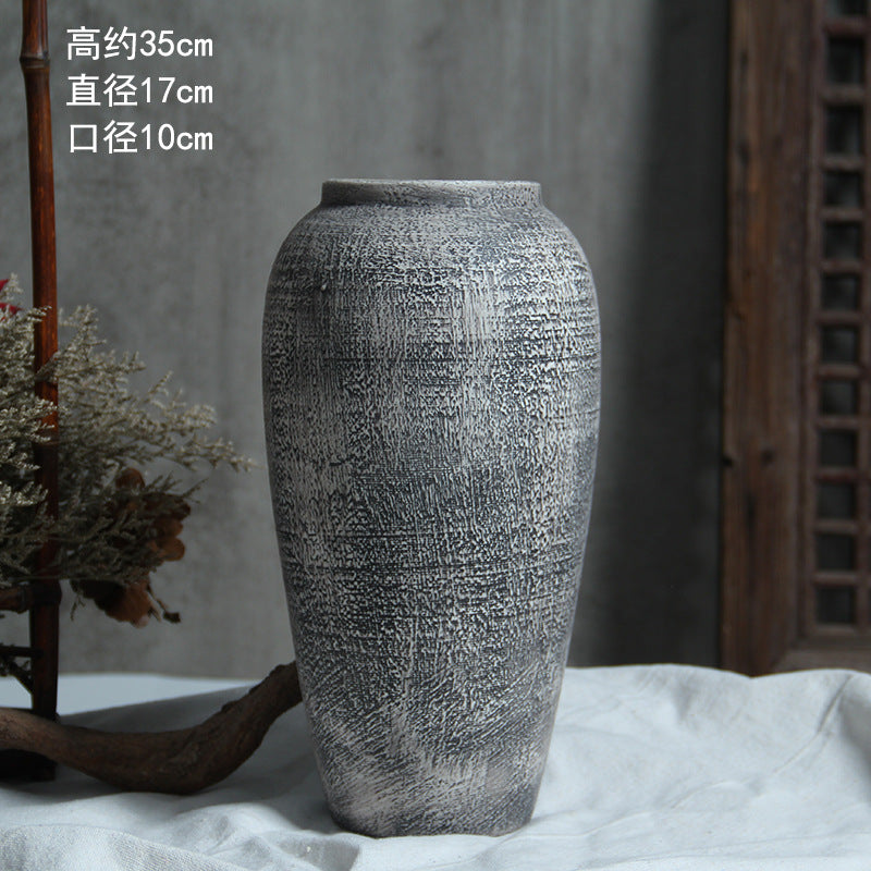 Grey white crosshatched tall ceramic vase 35 cm high