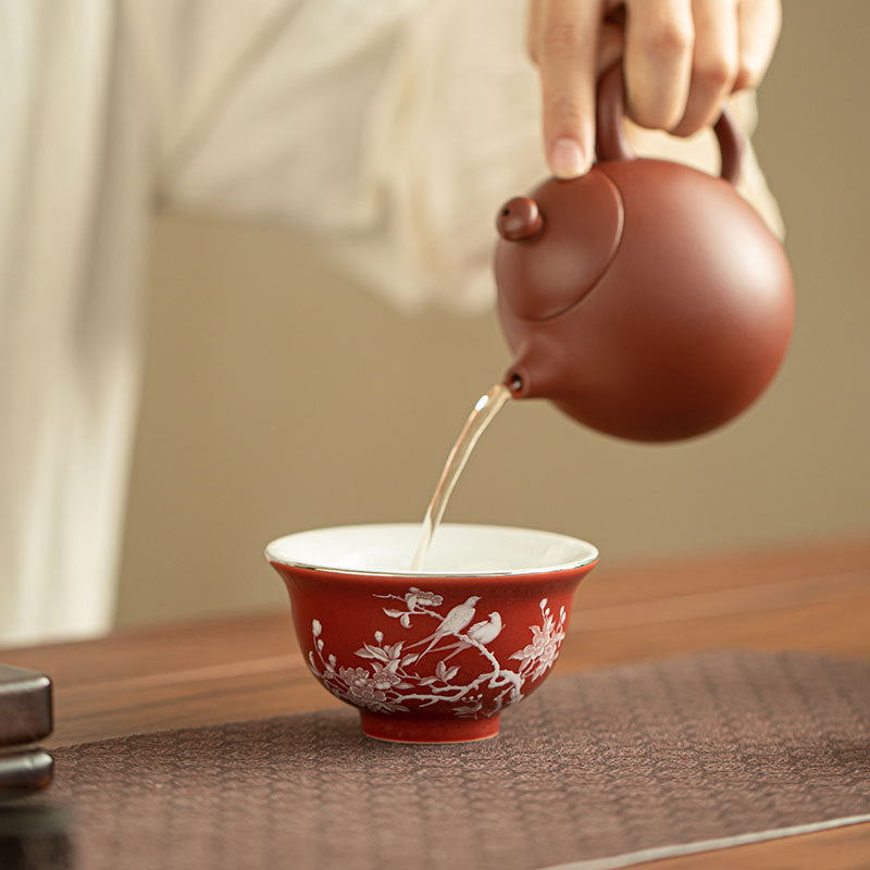 Authentic Jingdezhen Coral Red Raised-White Magpie & Plum Yashou Master Teacup - 90ml Gongfu Teacup