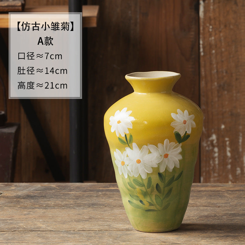Mustard yellow hand-painted daisy ceramic vase tall A shape 21 cm