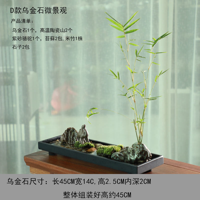 45 cm black stone bamboo rider micro landscape with moss pebbles ceramic mountains and miniature horse figure
