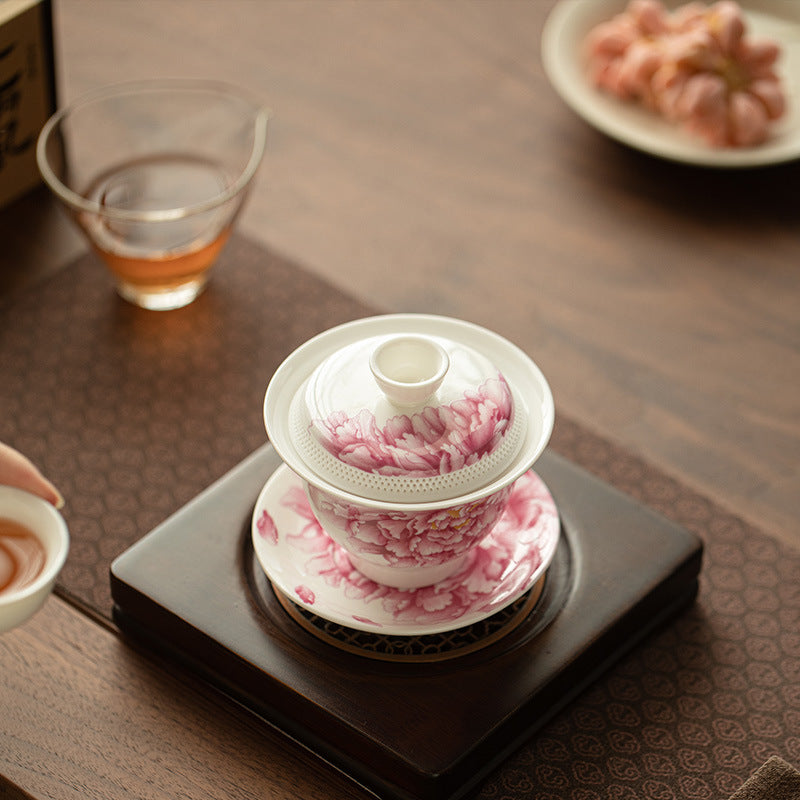 Handcrafted Dehua Mutton Fat Jade Porcelain 360-Degree Filter Hovering Sancai Gaiwan with Peony Relief - 160ml Gongfu Tea Bowl