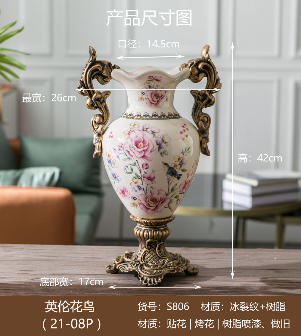 Large double-handle ceramic vase with pink floral bird motif, 42 cm high