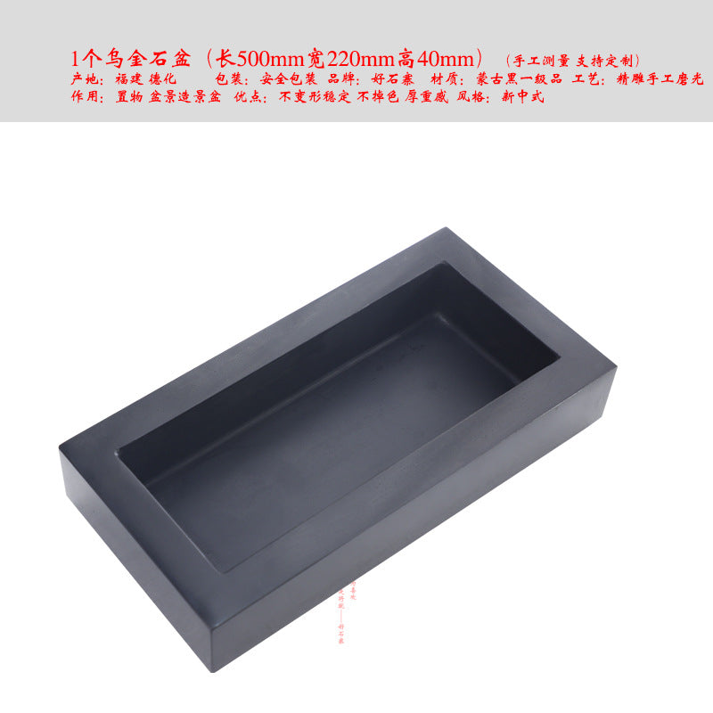 Deep rectangular dark stone bonsai basin product view