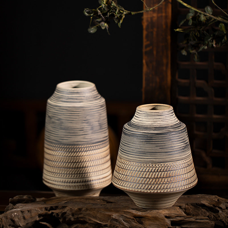 Grey ochre striped ceramic vase pair in medium and small sizes