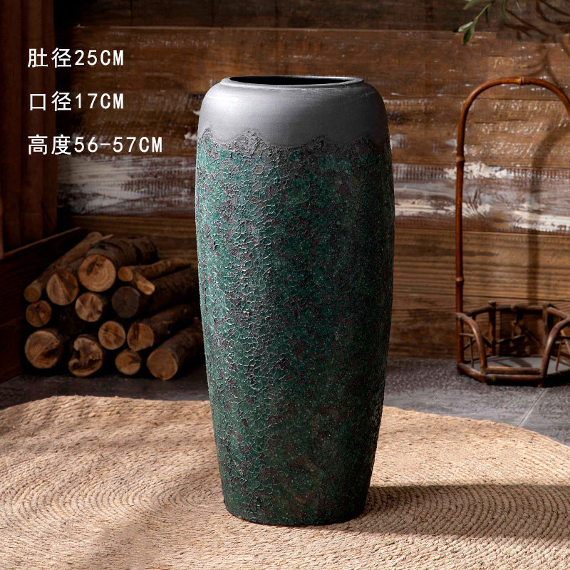Wide green patina ceramic floor vase 56 to 57 cm high
