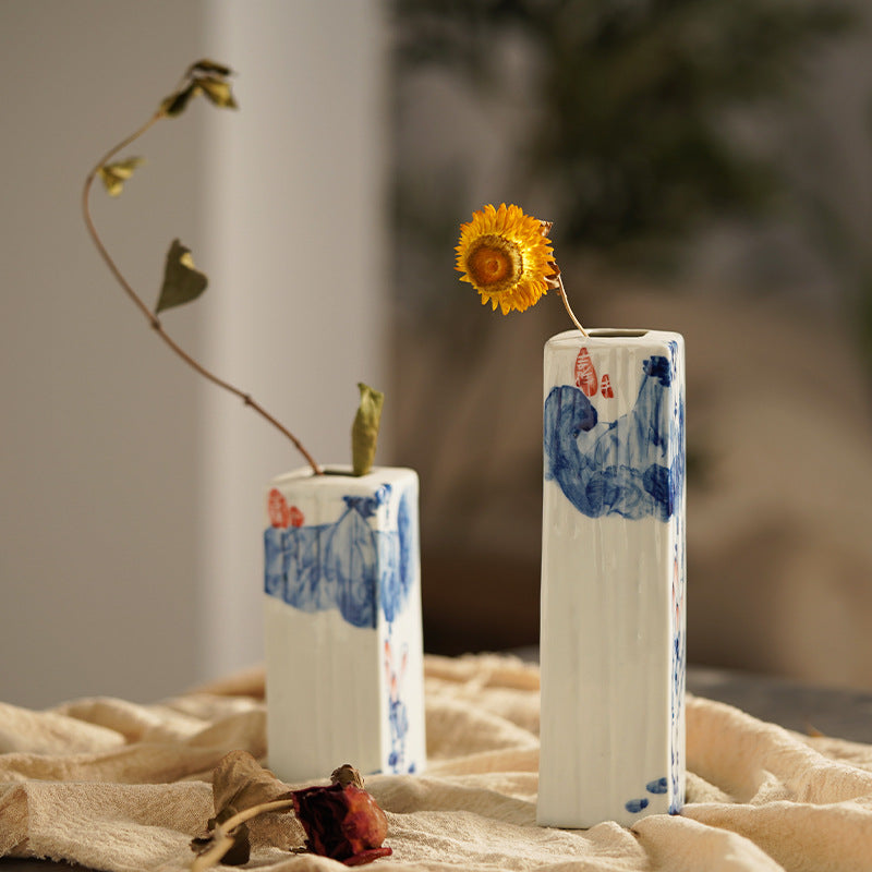 Hand-painted blue white lotus rectangular bud vases with single stems