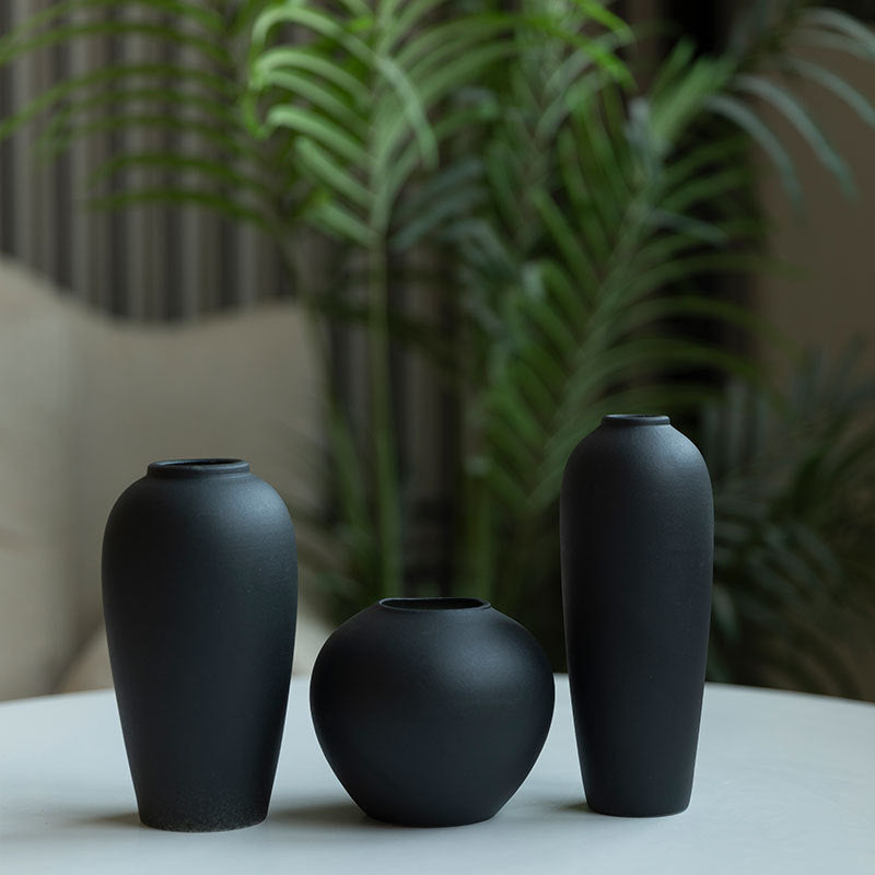 Matte black minimalist ceramic vase three-shape collection