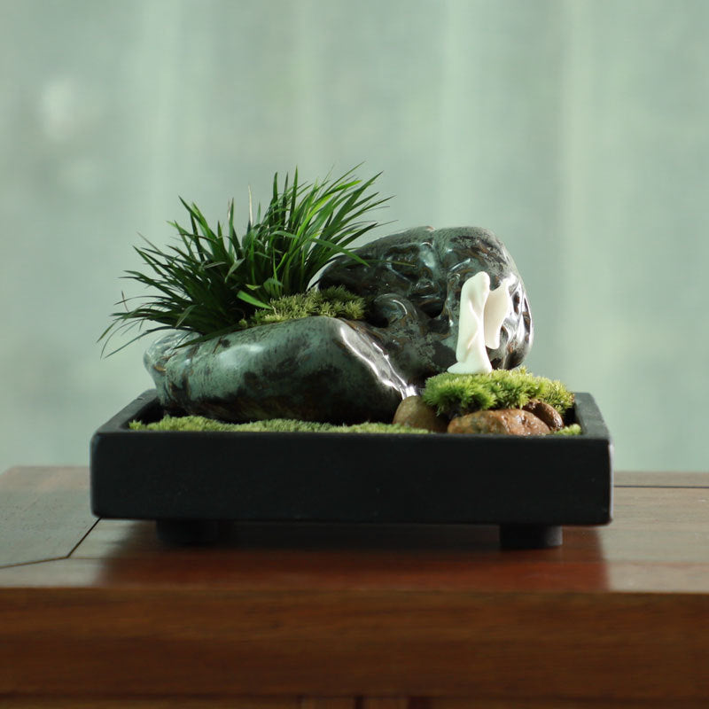 Compact black stone jade moss garden with ornamental grass ceramic rock and miniature figure
