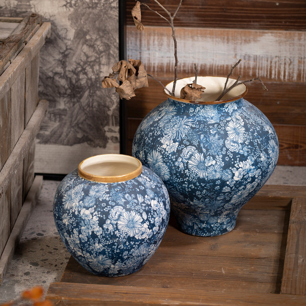 Indigo butterfly-flower round ceramic vases in two sizes