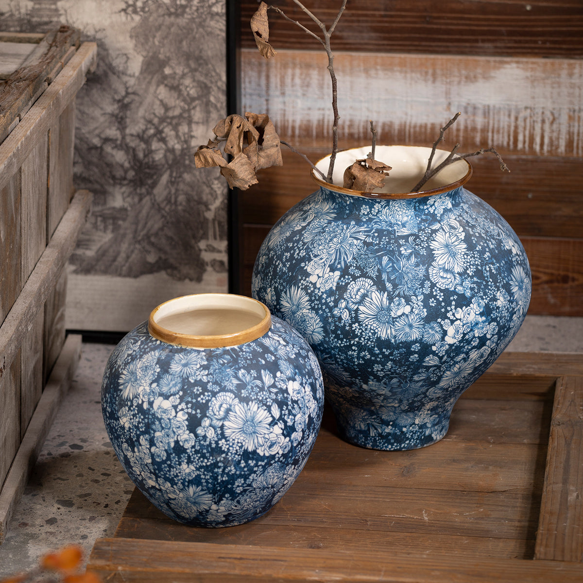 Indigo butterfly-flower round ceramic vases in two sizes