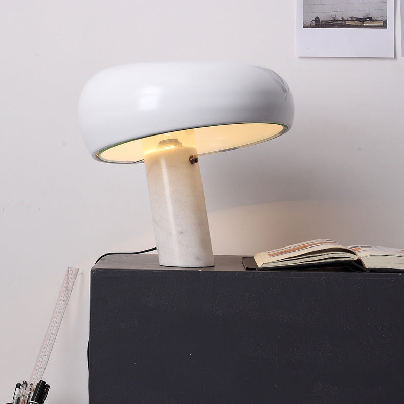 Black mushroom marble table lamp with glossy curved shade and white stone base