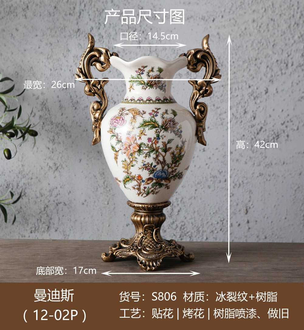 Large double-handle ceramic vase with multicolor botanical Mandis motif, 42 cm high