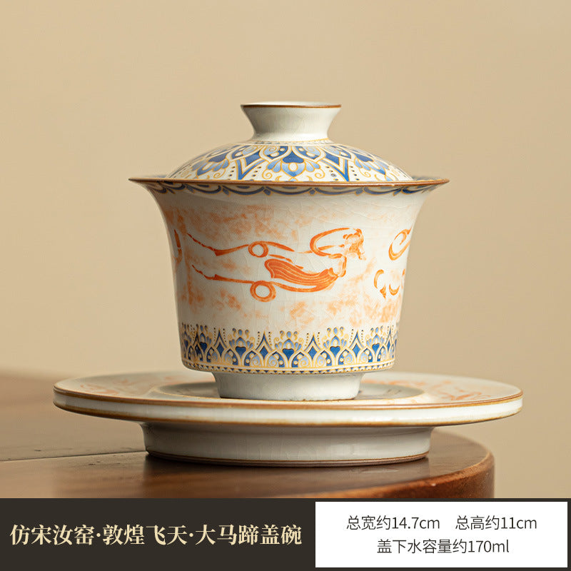 Authentic Jingdezhen Handcrafted Dunhuang Flying Apsaras Stone Rubbing Porcelain Horseshoe Sancai Gaiwan & Conical Cup Set - 160ml
