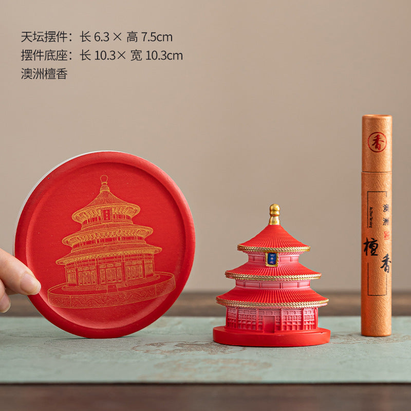 Imperial red Temple of Heaven incense holder with matching round ash tray