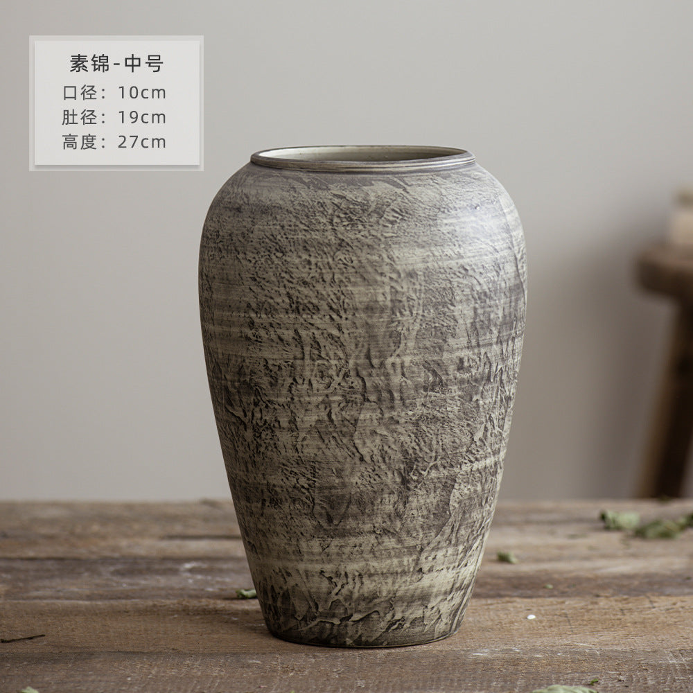 Medium grey brown weathered ceramic vase 27 cm high