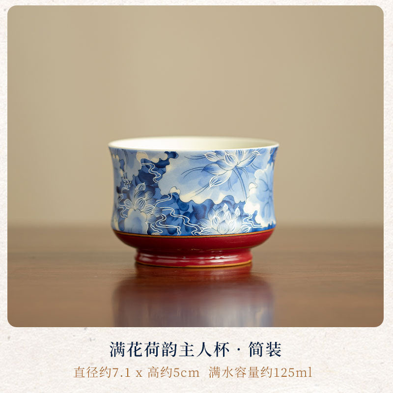 Authentic Jingdezhen Hand-Painted Underglaze Blue & White Allover Lotus Master Tasting Cup Pair (Set of 2) - 70ml Gongfu Teacups