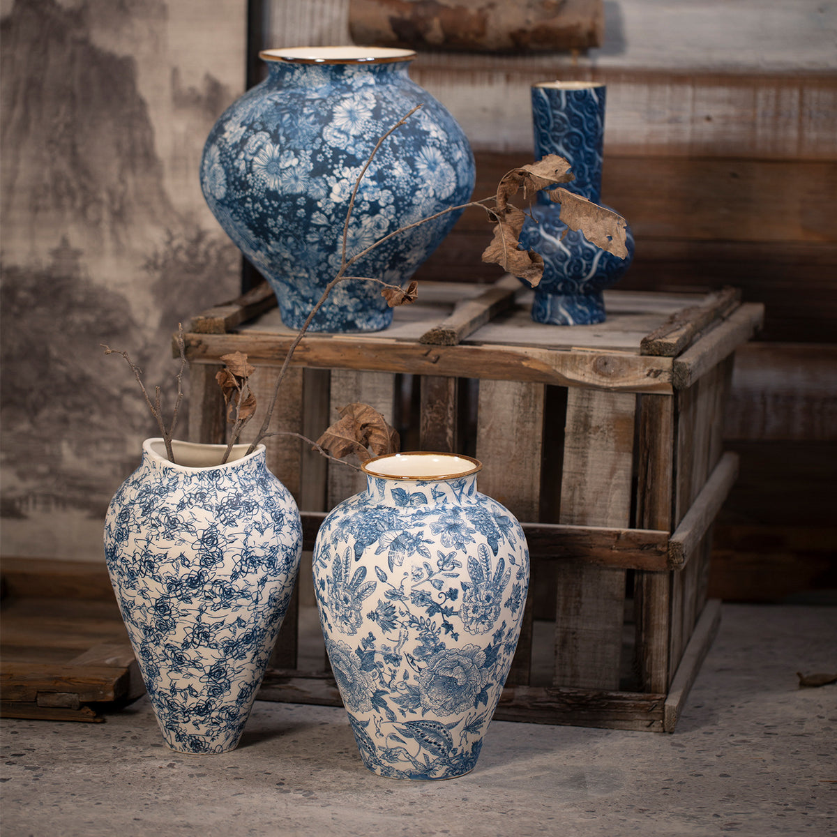 Indigo blue white floral ceramic vase collection with multiple motifs