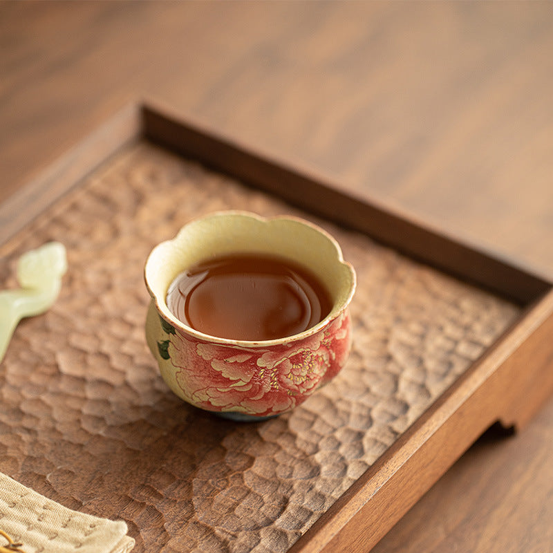 Authentic Jingdezhen Flint Red Blue & White National Peony Scalloped Master Teacup - 85ml Gongfu Teacup