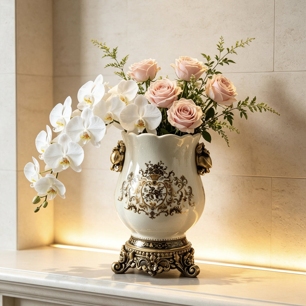 Vintage European ceramic vase with black ornamental medallion pattern filled with soft flowers
