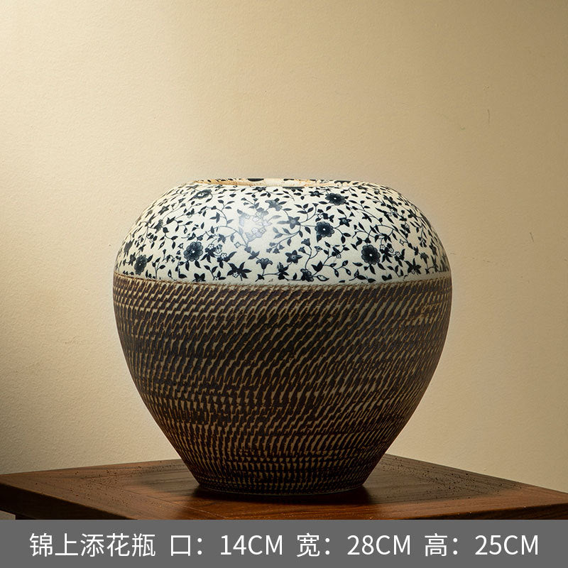 Blue and white floral ceramic jar 25 cm high and 28 cm wide
