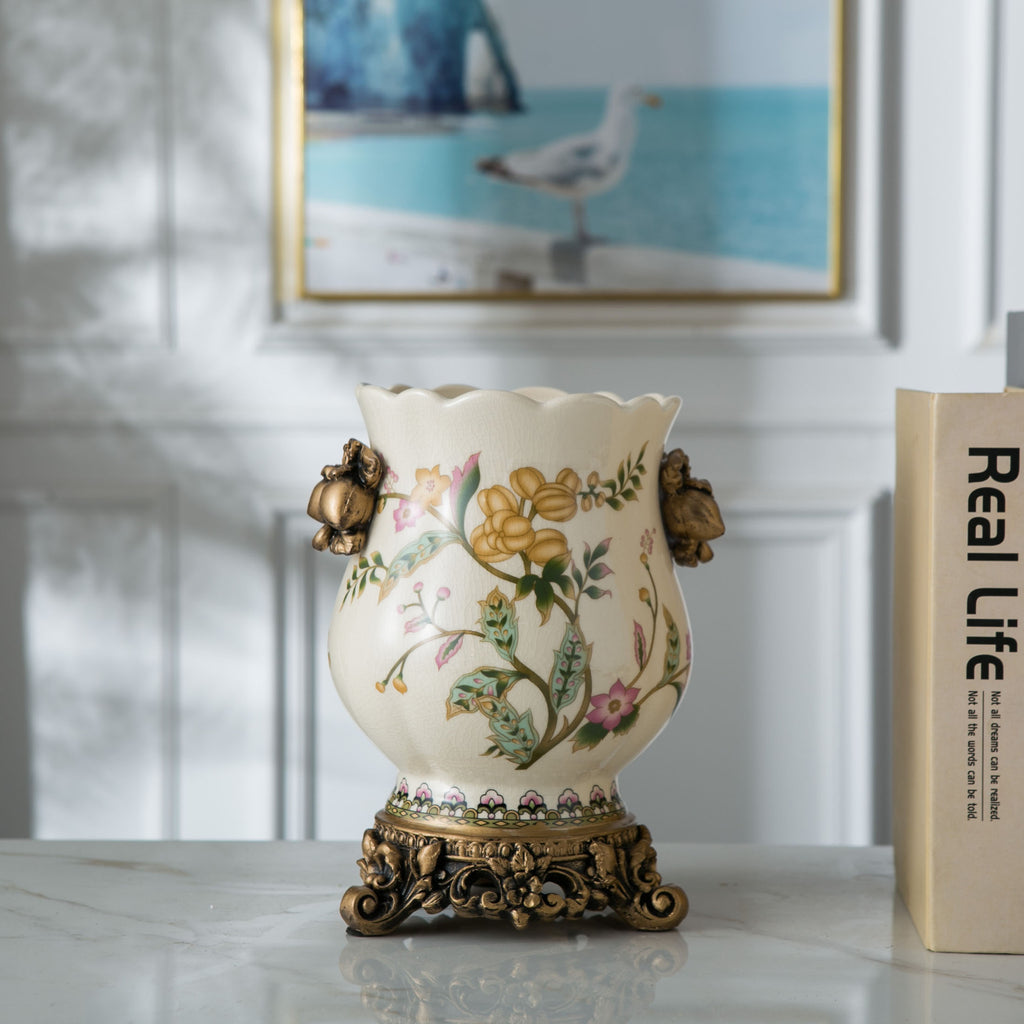 Vintage European ceramic vase with golden bird and botanical pattern