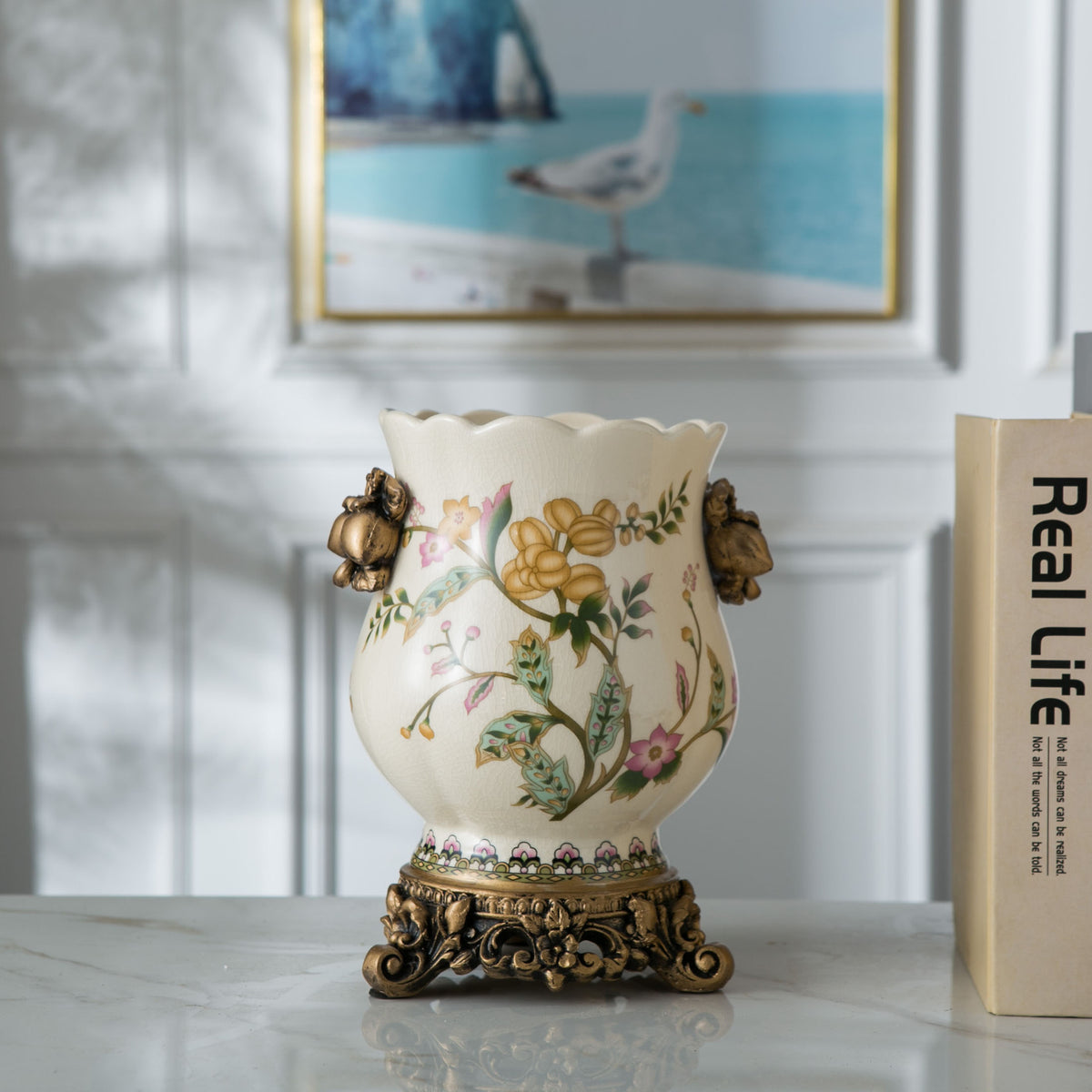 Vintage European ceramic vase with golden bird and botanical pattern