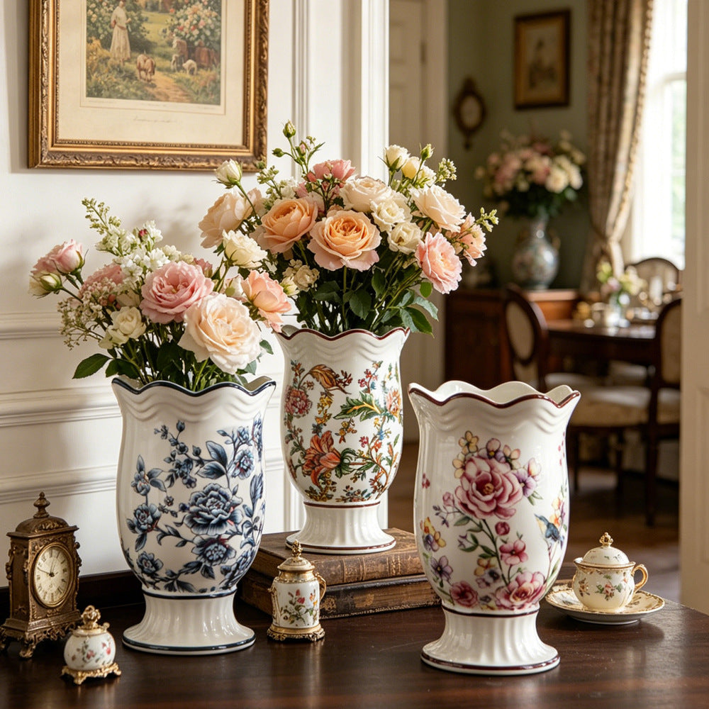 European floral scalloped-rim ceramic vase collection in blue, multicolor and pink designs