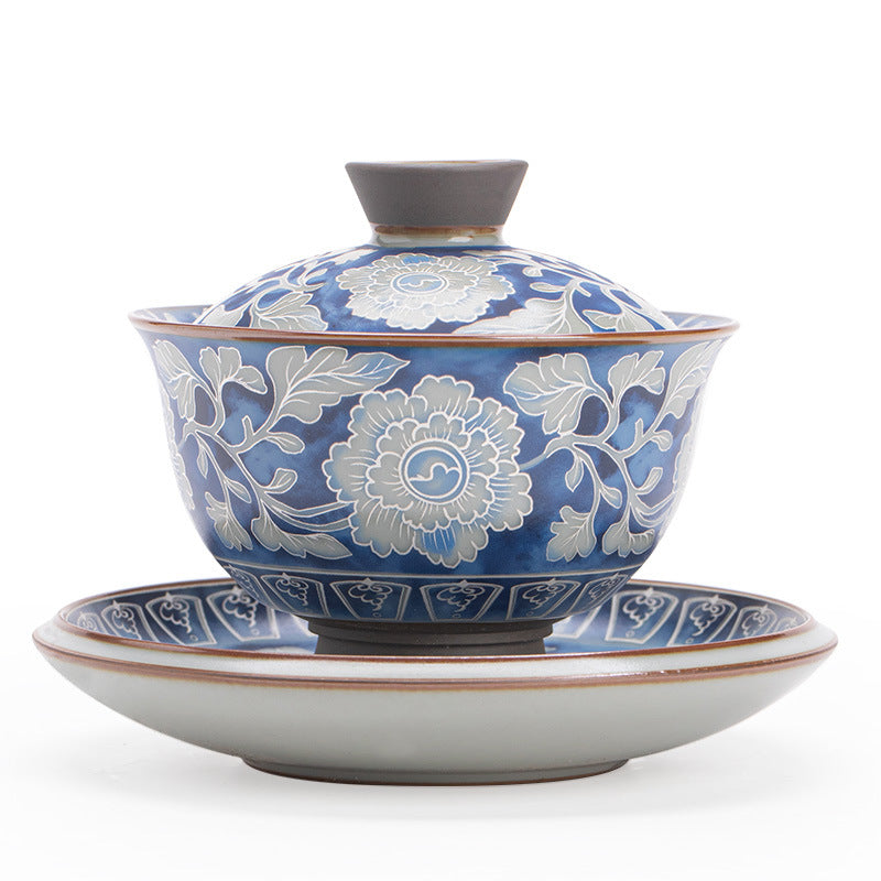 Authentic Jingdezhen Ru Ware Celadon Crackle & Yuan Blue-and-White Gold Ingot Sancai Gaiwan - 160ml Living Patina Tea Bowl