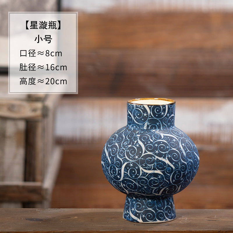 Indigo scroll motif ceramic vase, Star Bottle Small, 20 cm high
