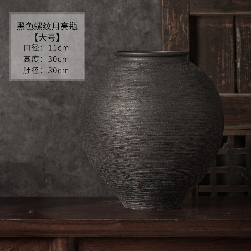 Large black ribbed round jar vase 30 cm high and 30 cm diameter