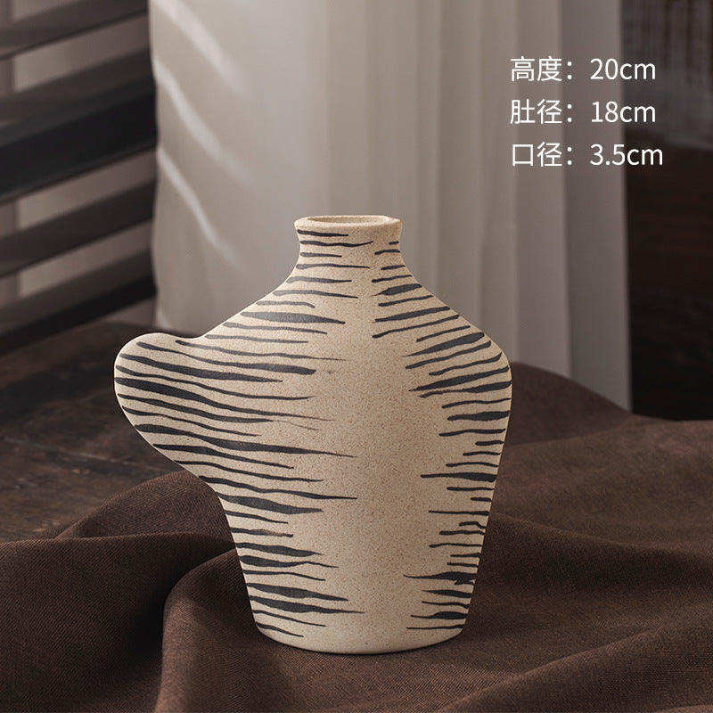 Ivory black-line art asymmetric textured ceramic vase 20 cm high