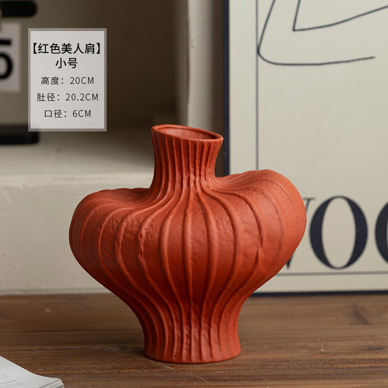 Small terracotta red ribbed ceramic vase 20 cm high