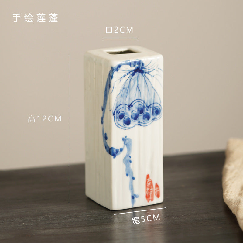 Hand-painted blue white lotus rectangular ceramic bud vase, 12 cm high