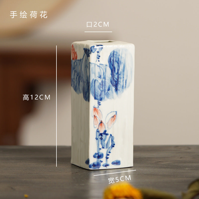Hand-painted blue white lotus rectangular ceramic bud vase 12 cm detail