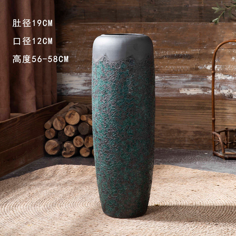 Slim green patina ceramic floor vase 56 to 58 cm high