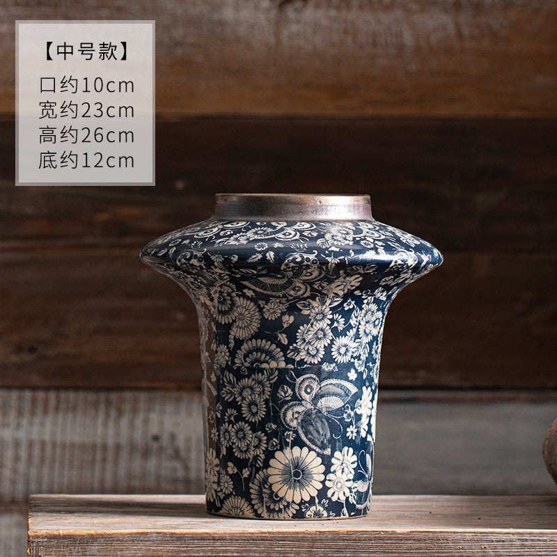 Dark indigo floral flared-shoulder ceramic vase, Medium, 26 cm high